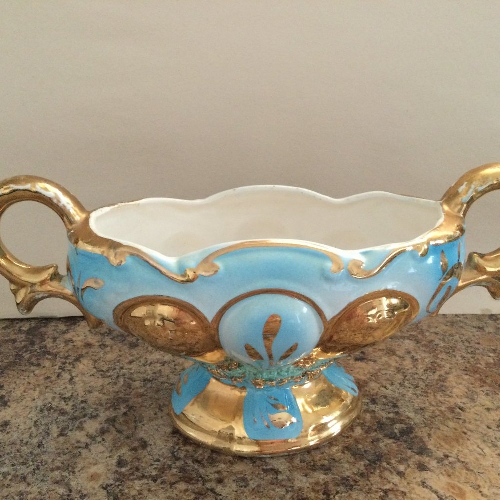 Vintage big bowl footed handled heavy gold gild sky blue hand painted